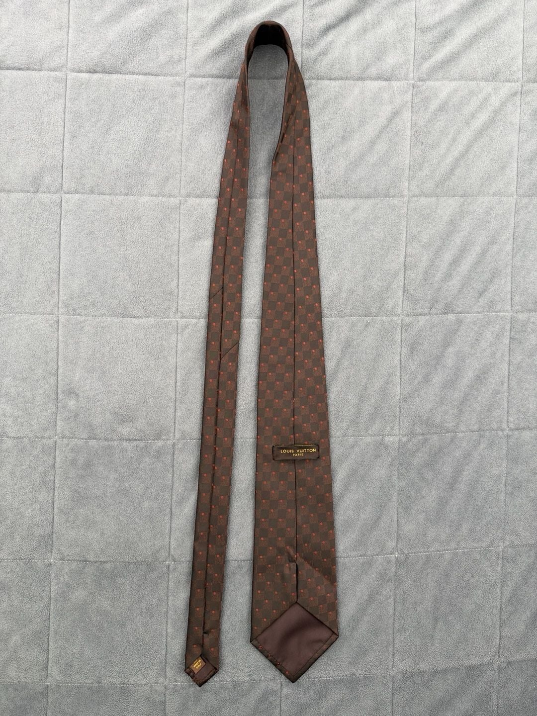 Louis Vuitton Damier Silk Neck Tie Brown Red Check Polka Dot 9