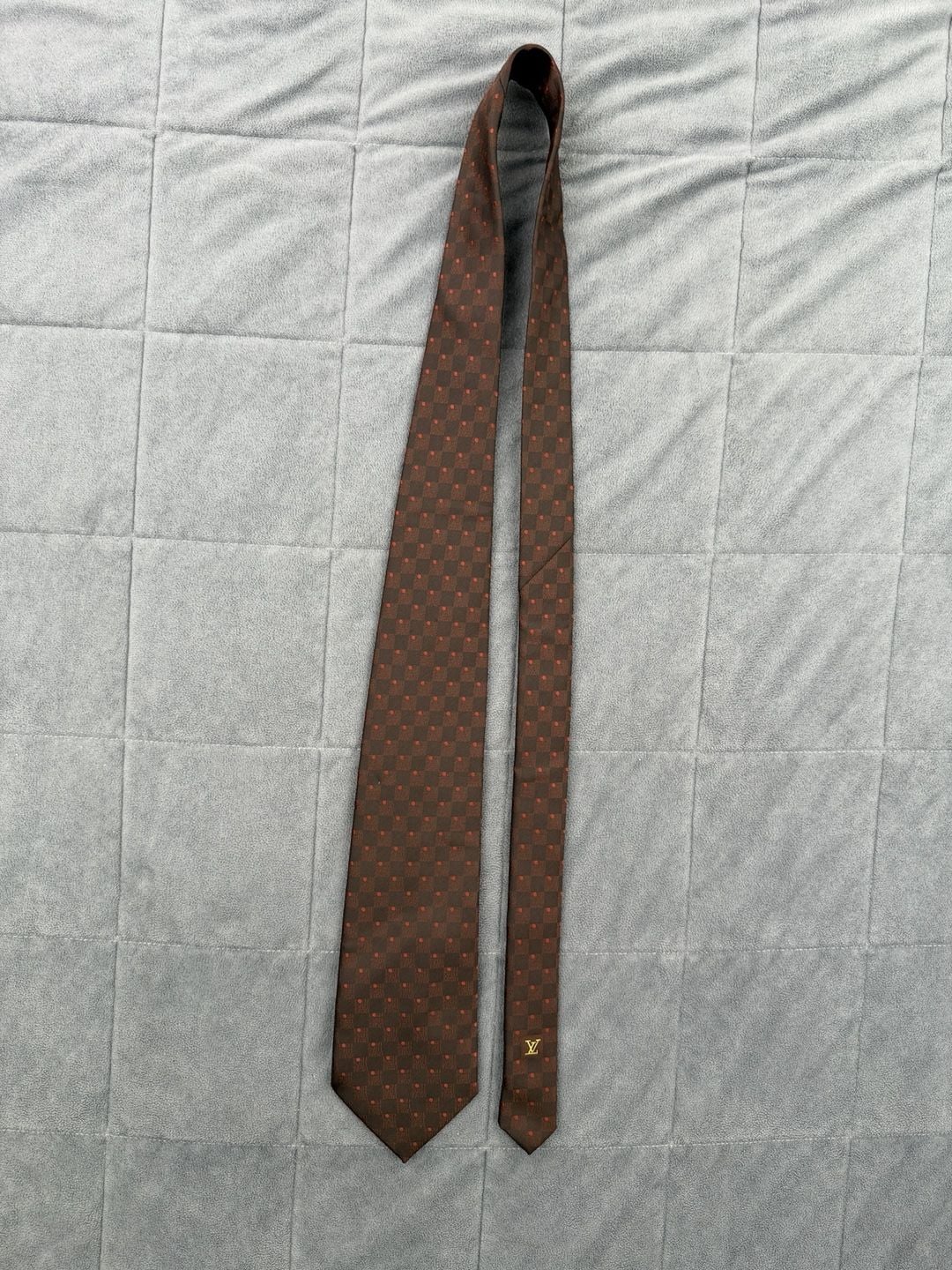 Louis Vuitton Damier Silk Neck Tie Brown Red Check Polka Dot 10
