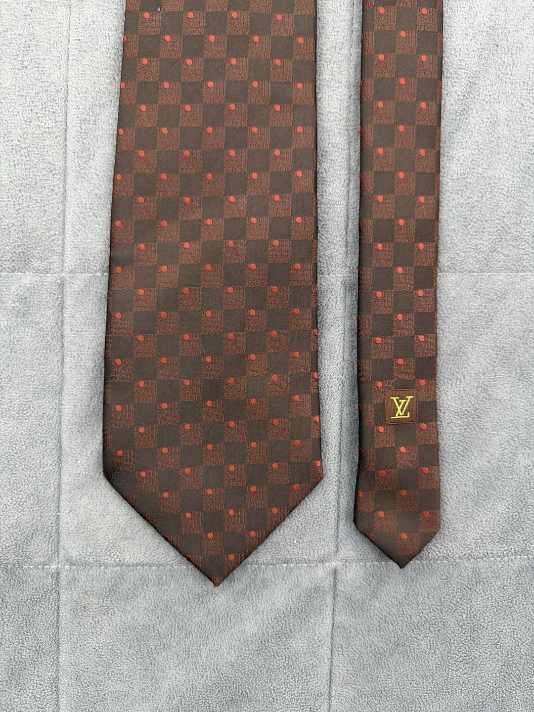 Louis Vuitton Damier Silk Neck Tie Brown Red Check Polka Dot 2