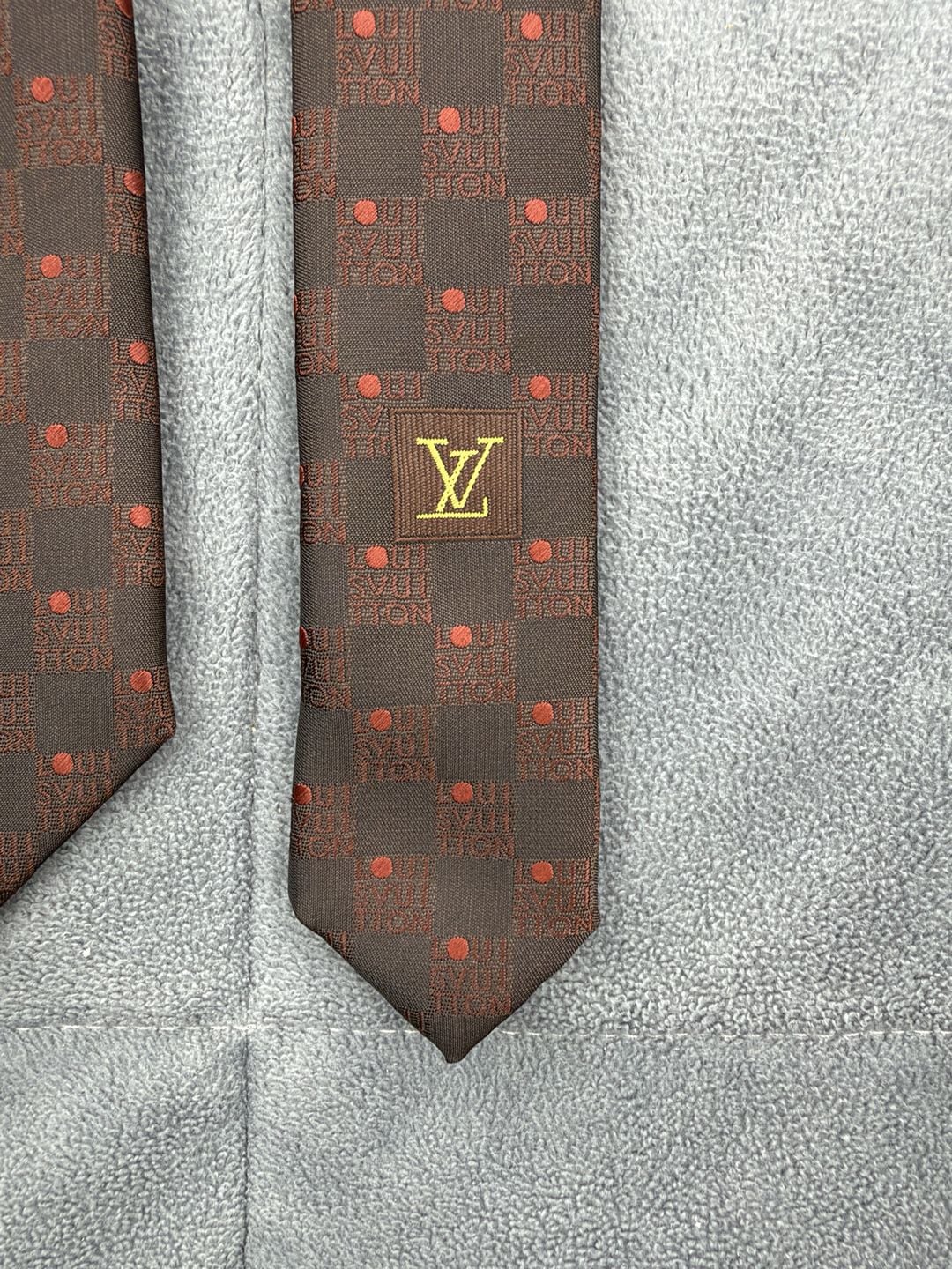 Louis Vuitton Damier Silk Neck Tie Brown Red Check Polka Dot 5