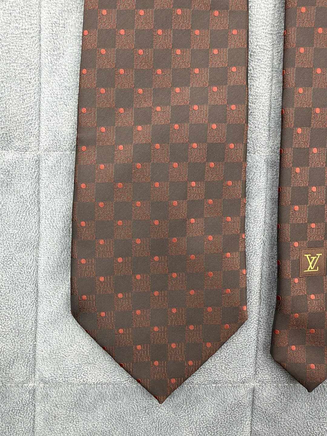 Louis Vuitton Damier Silk Neck Tie Brown Red Check Polka Dot 4