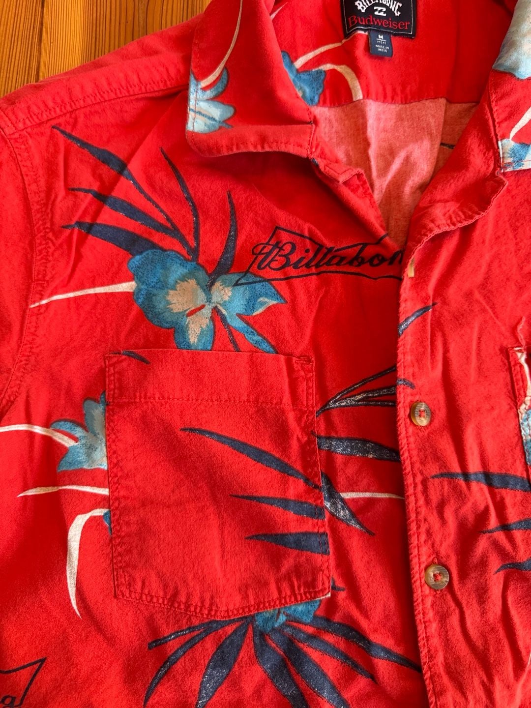 Billabong Budweiser Button-Down Shirt Size M Red Floral Short Sleeve 5