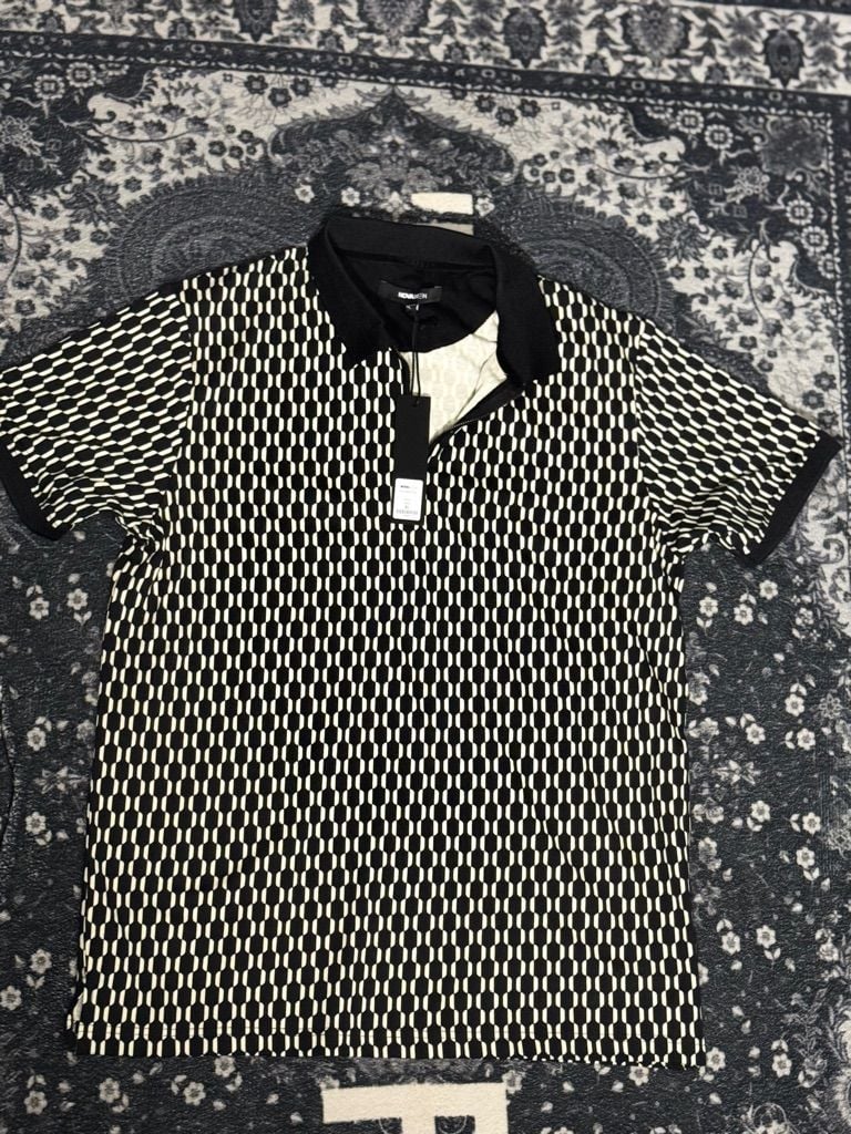 Fashion Nova Men Geometric Pattern Polo Shirt Black White 2