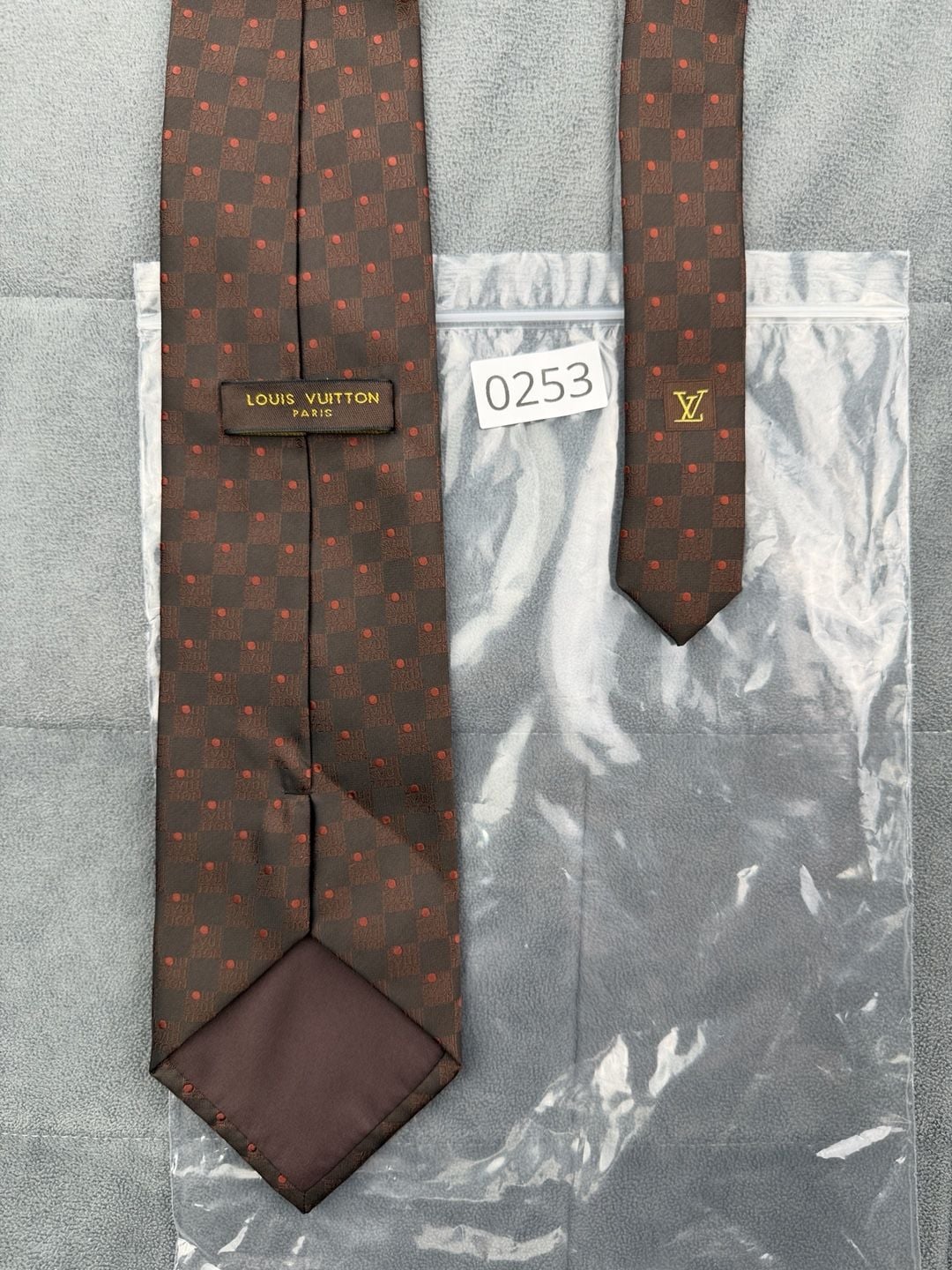 Louis Vuitton Damier Silk Neck Tie Brown Red Check Polka Dot 12