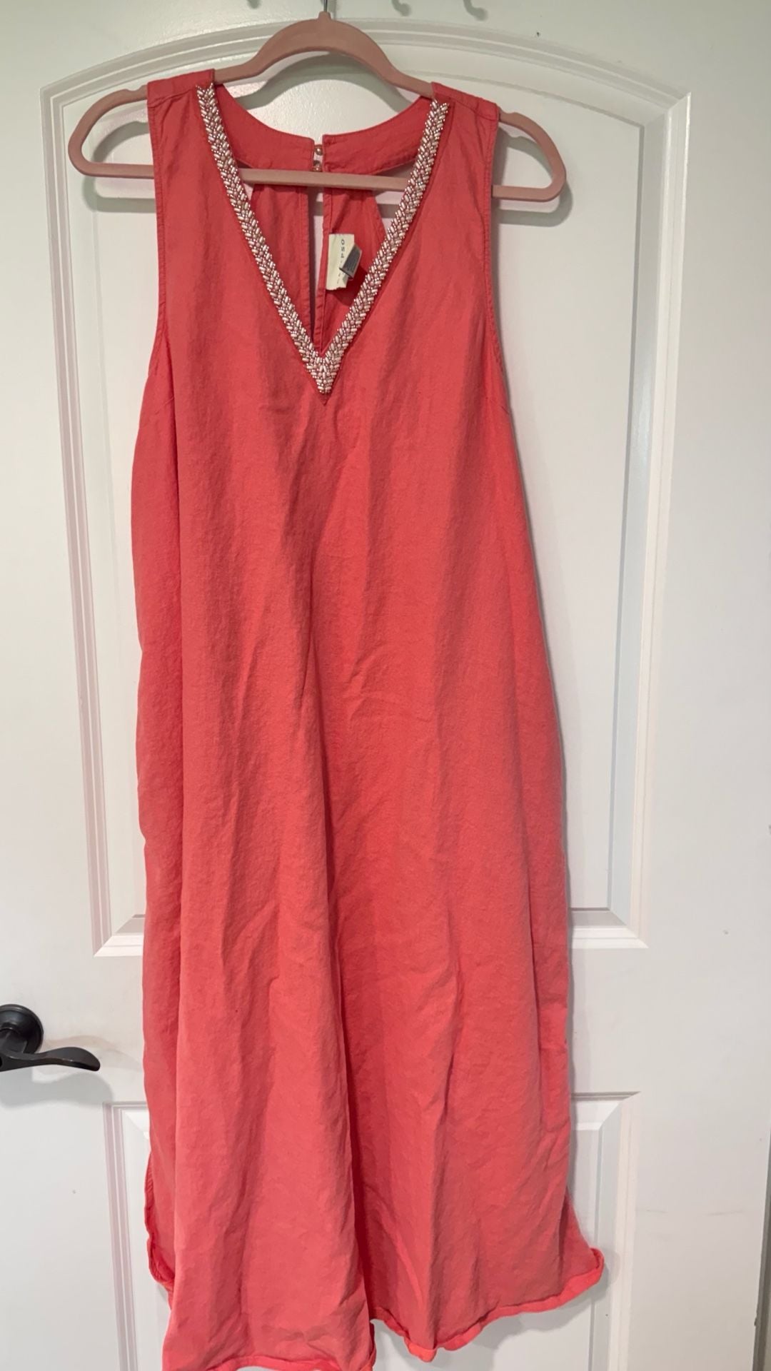 Coral Linen Blend Beaded Maxi Dress Coastal Boho Resort Sleeveless Size XL
2