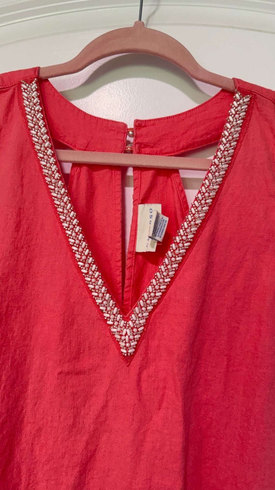 Coral Linen Blend Beaded Maxi Dress Coastal Boho Resort Sleeveless Size XL
5