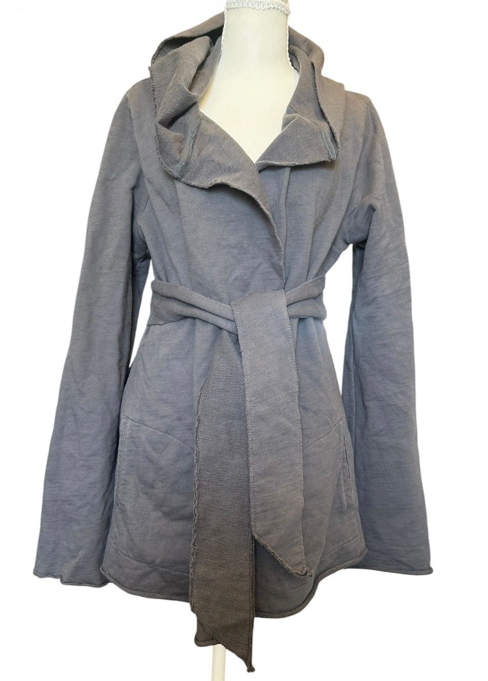 Lucky Brand Hooded Wrap Sweatshirt Size L Gray Cotton Tie Belt 2
