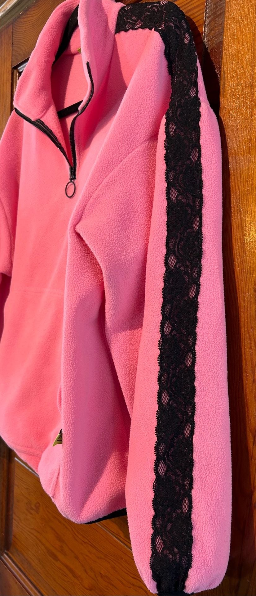 Lazy Oaf Half Zip Pullover Sweatshirt Size L Pink Black Lace Trim Fleece 6