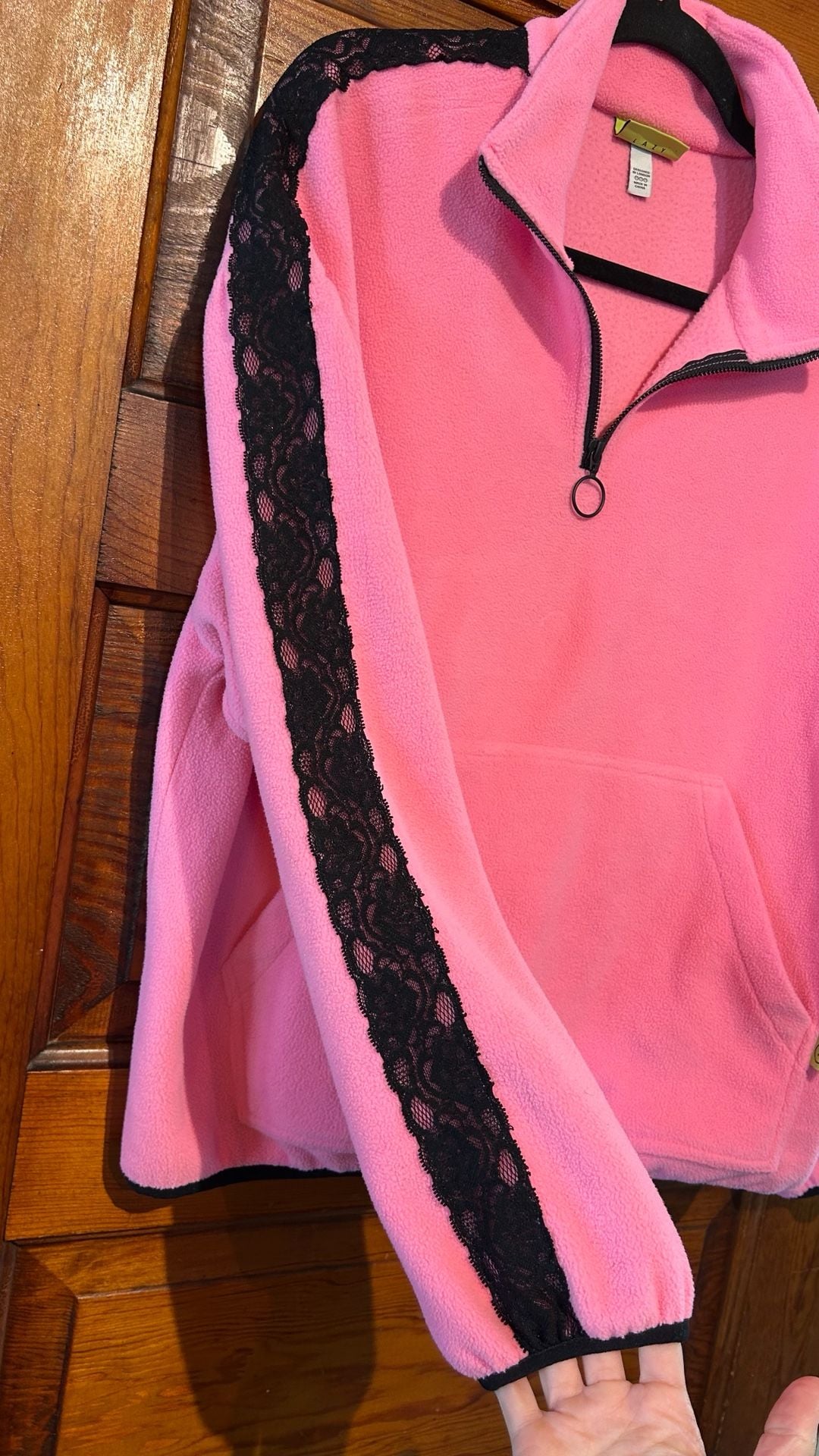 Lazy Oaf Half Zip Pullover Sweatshirt Size L Pink Black Lace Trim Fleece 7