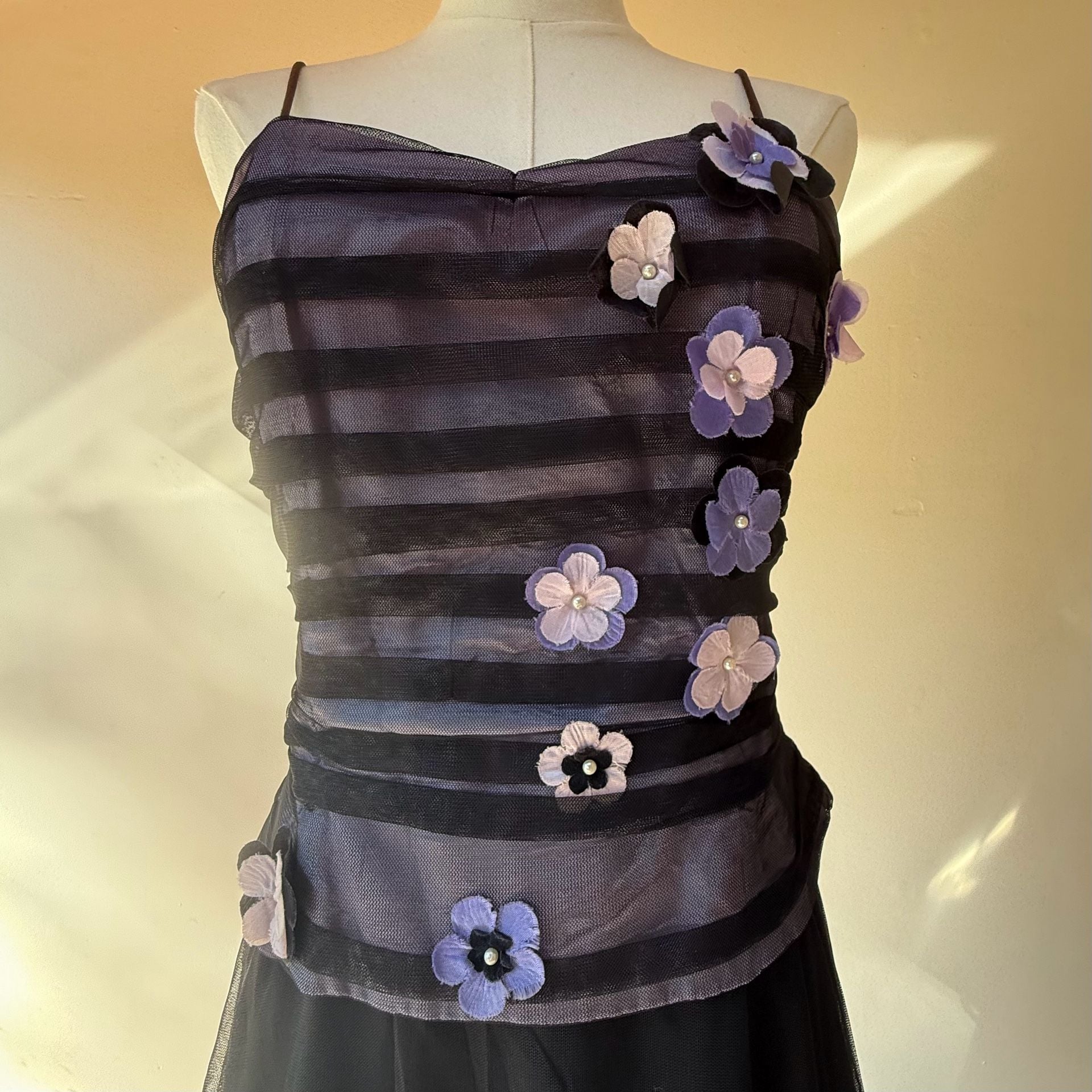 Vintage Y2k Floral Mesh Long Dress Black Purple 12