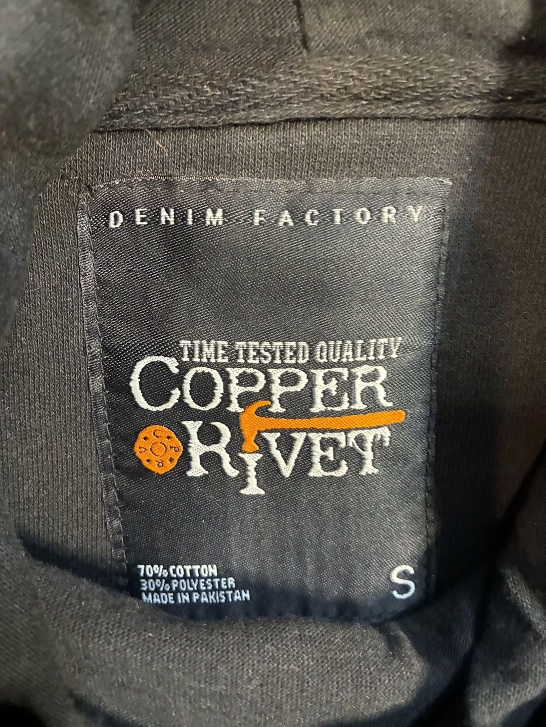 Copper Rivet Short Sleeve Hoodie Size S Black Denim Patchwork 5