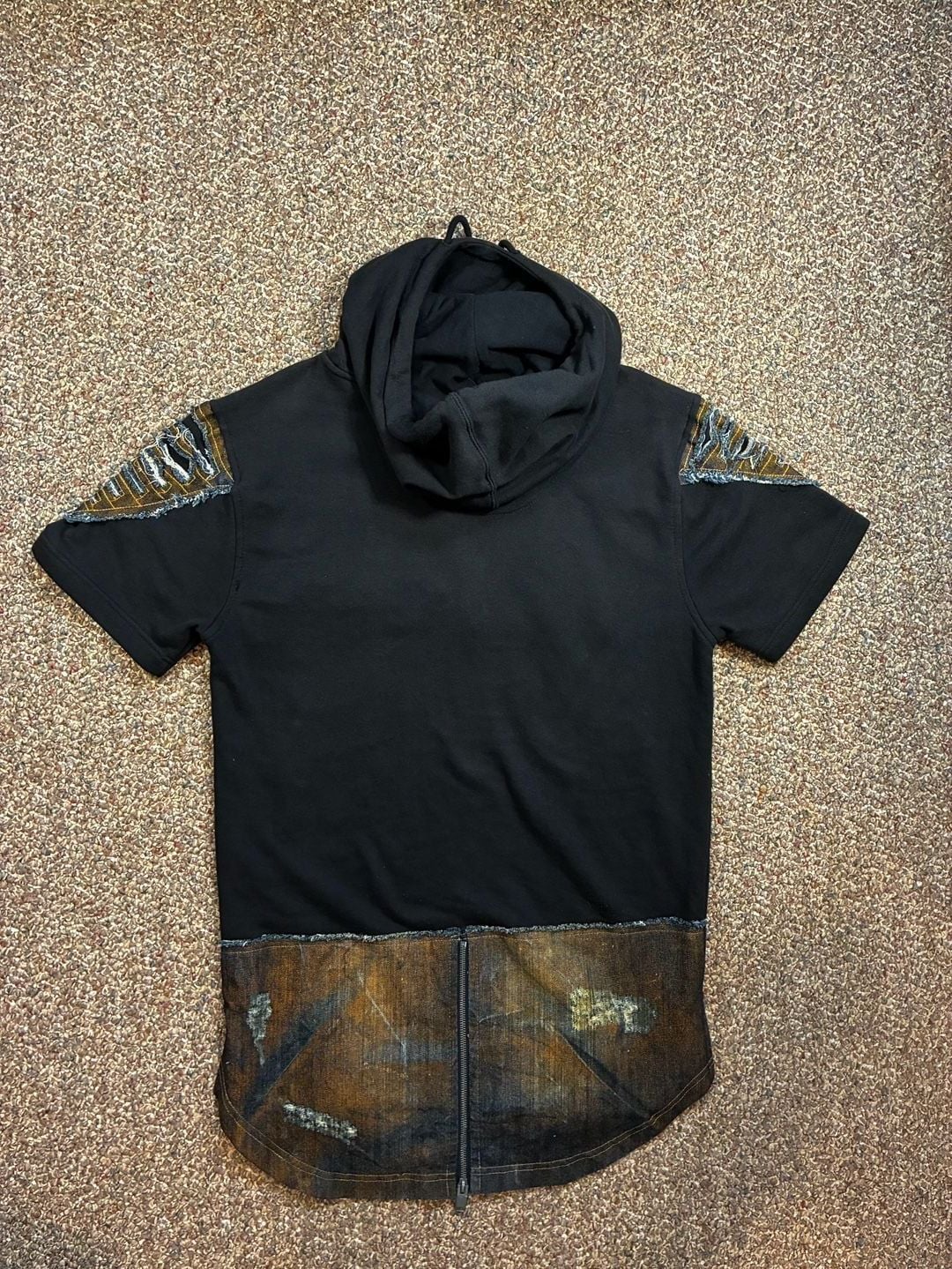 Copper Rivet Short Sleeve Hoodie Size S Black Denim Patchwork 3