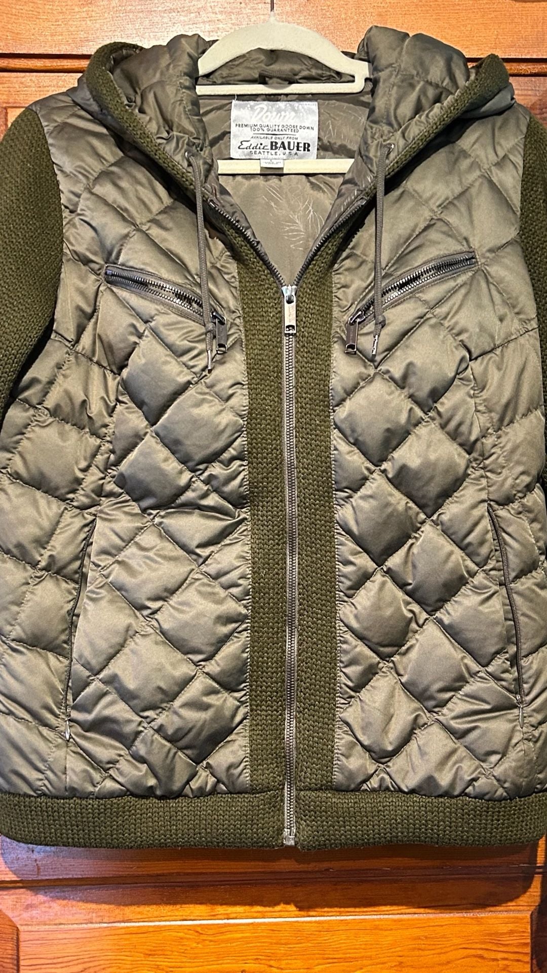 Eddie Bauer 1944 Swiss Model Down Jacket Size L Olive Green Quilted Wool 3