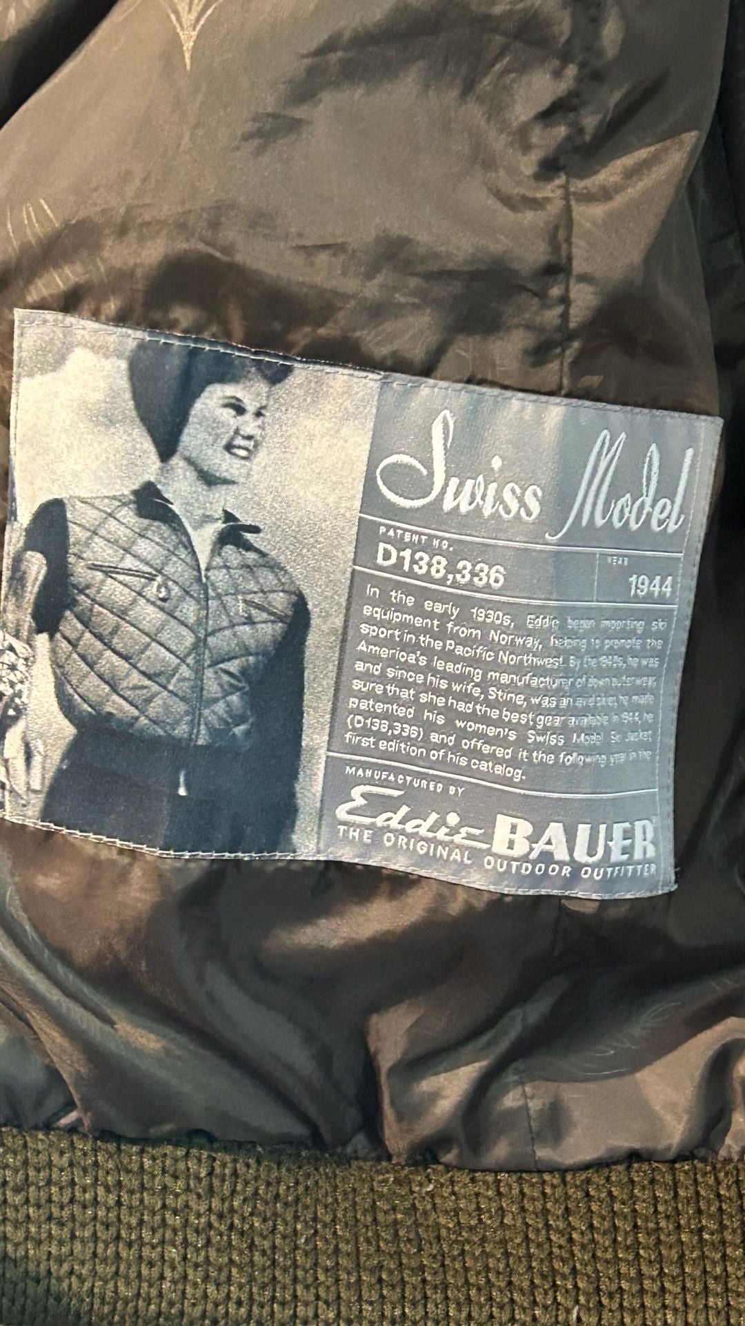 Eddie Bauer 1944 Swiss Model Down Jacket Size L Olive Green Quilted Wool 5
