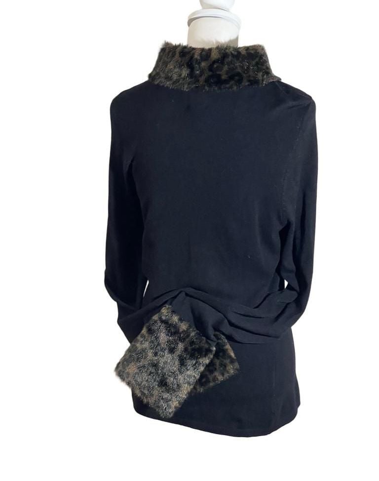 Mob Wife Retro Sweater Faux Fur Trim Y2K Tunnel Neck, Whimsygoth, Sz. S 3
