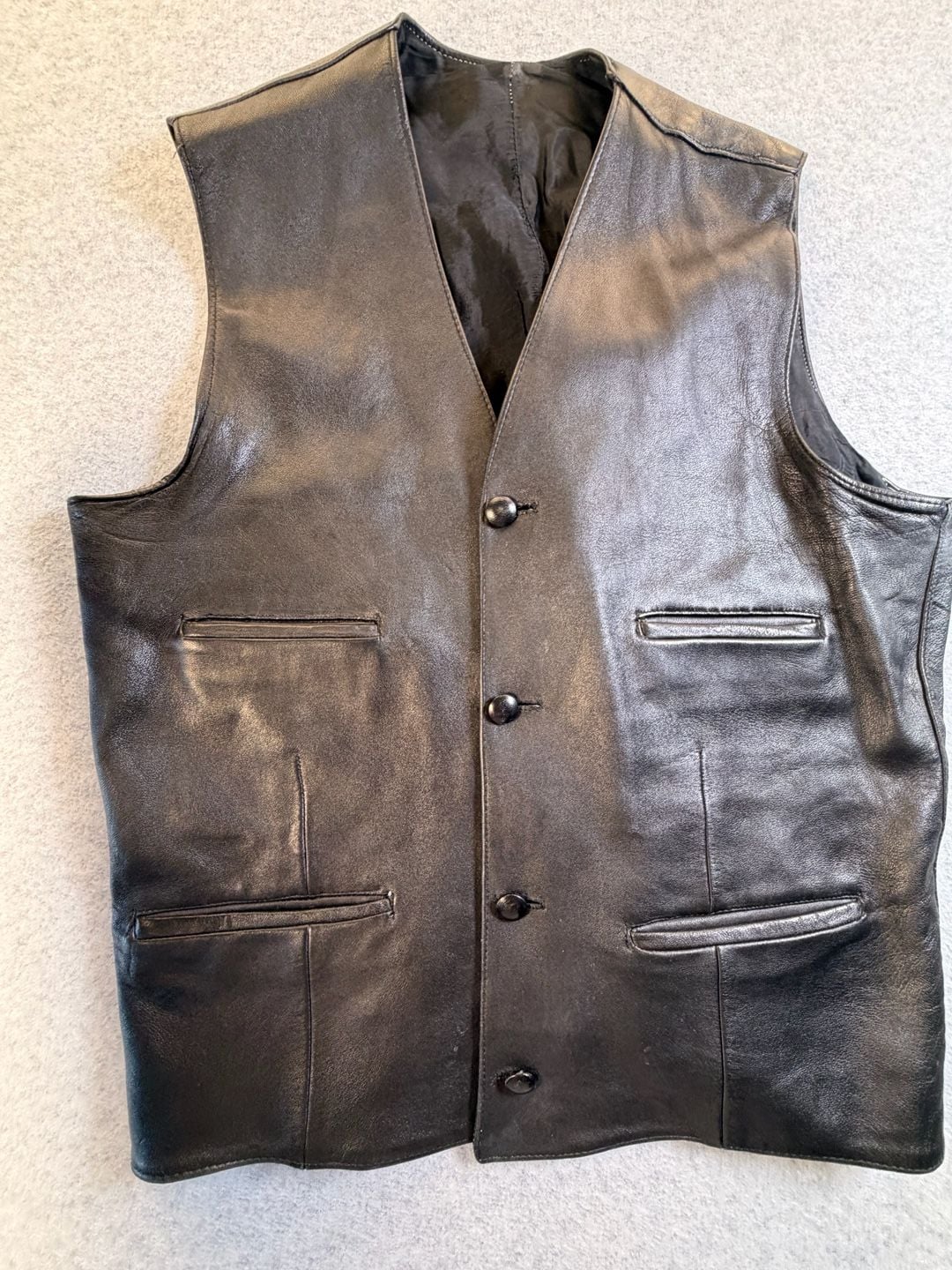 Mens Black Genuine Leather Button Vest Size L 3