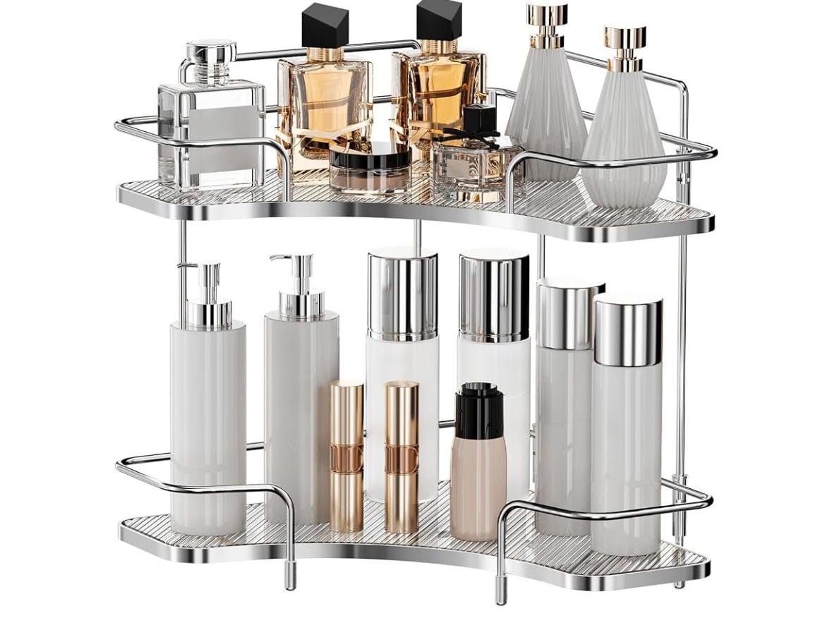 2-Tier Corner Bathroom Shelf Countertop Organizer Silver 1