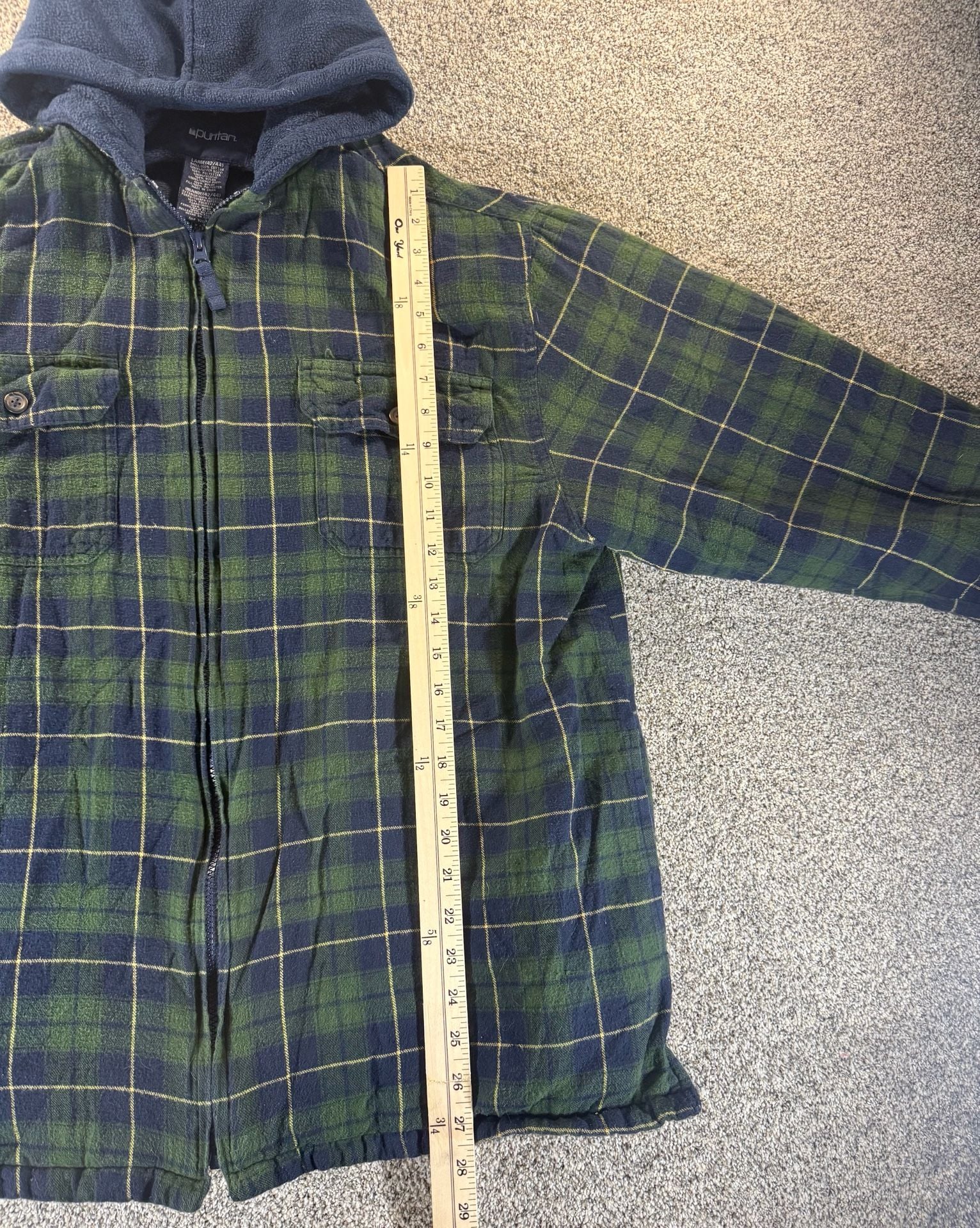 Puritan Plaid Flannel Hooded Jacket Size Large 42/44 Green Blue 7