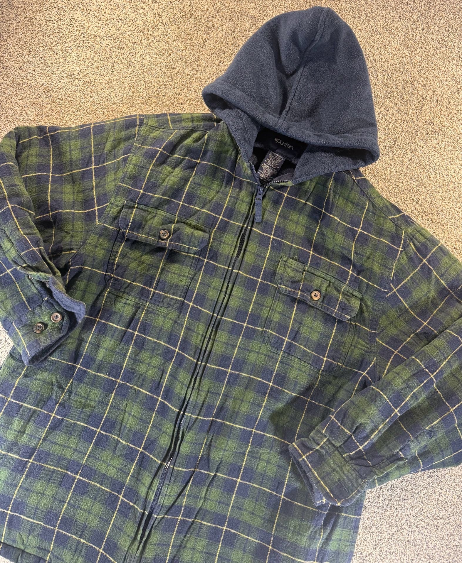 Puritan Plaid Flannel Hooded Jacket Size Large 42/44 Green Blue 8
