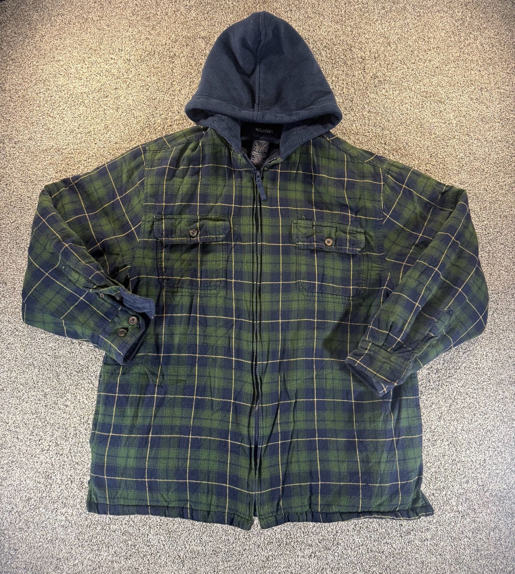 Puritan Plaid Flannel Hooded Jacket Size Large 42/44 Green Blue 9