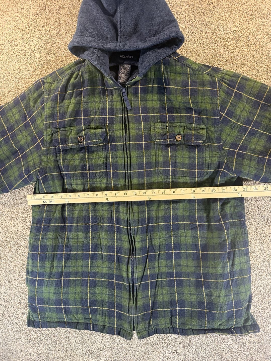 Puritan Plaid Flannel Hooded Jacket Size Large 42/44 Green Blue 12