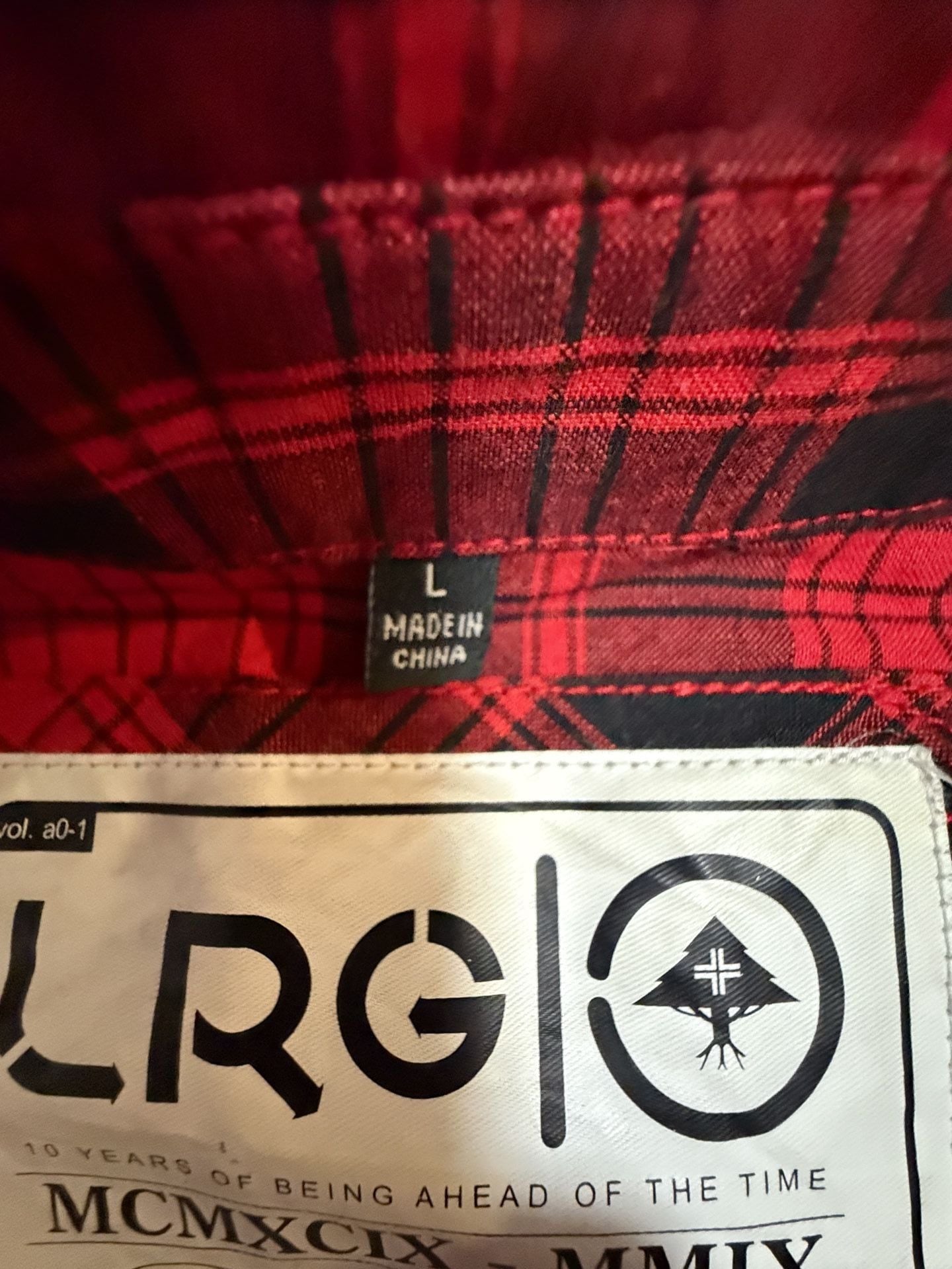LRG Plaid Flannel Shirt Size L Red Black Long Sleeve Button Up 6