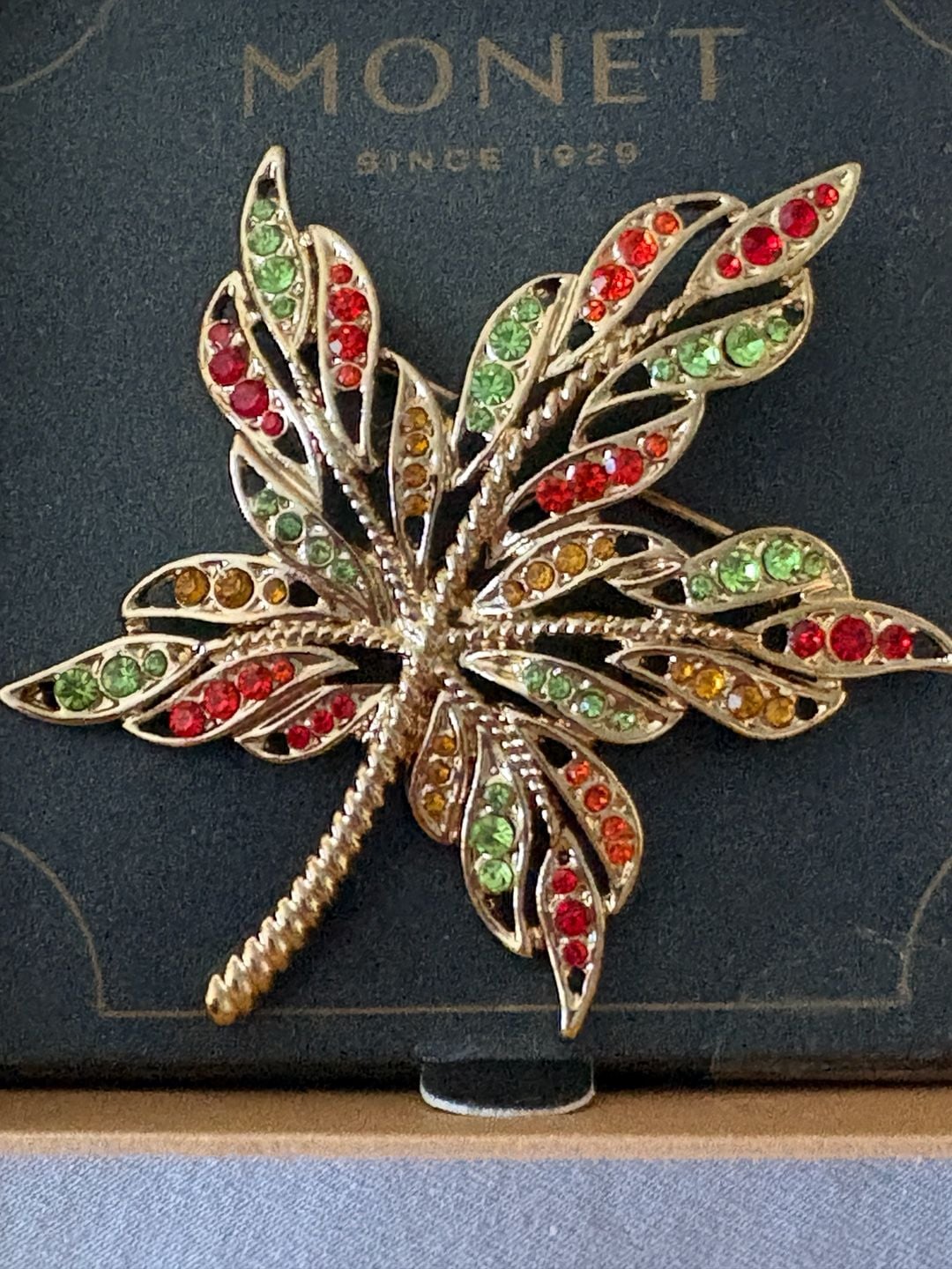 Monet Maple Leaf Rhinestone Brooch Gold Tone Fall Box Pin 5