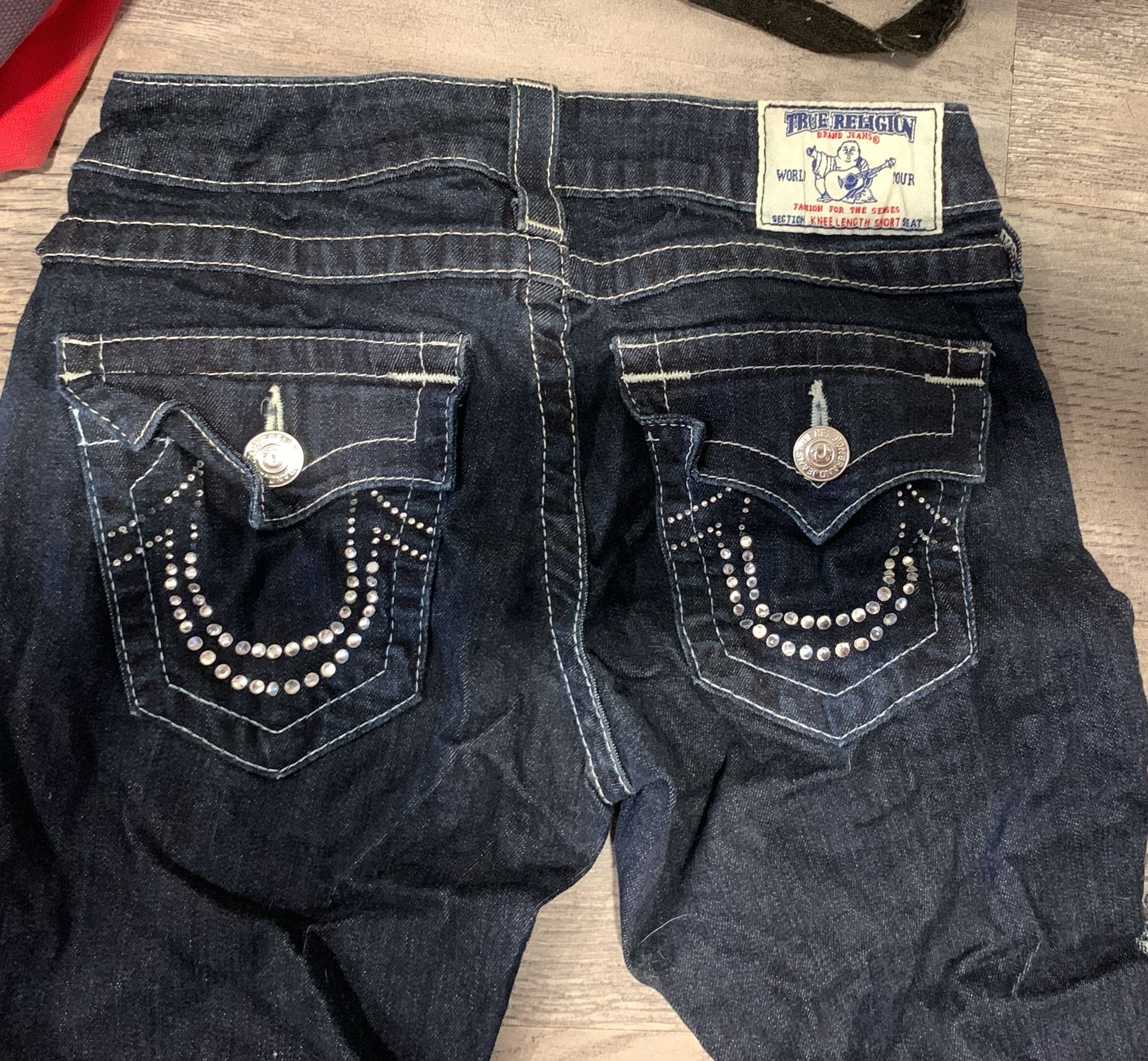 Y2k True Religion Denim Shorts Size 26 Rhinestone Pocket Dark Wash 9