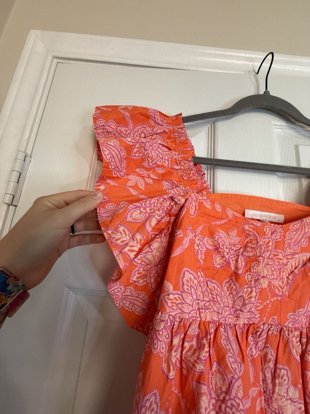 Olivaceous Stevie Top Size M Orange Pink Floral Ruffle Sleeve Square Neck 5