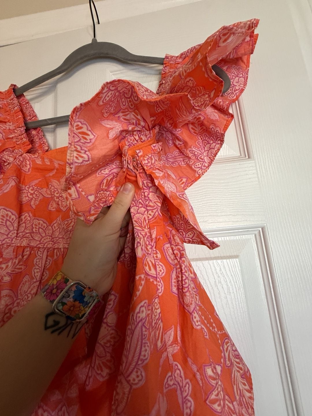 Olivaceous Stevie Top Size M Orange Pink Floral Ruffle Sleeve Square Neck 6