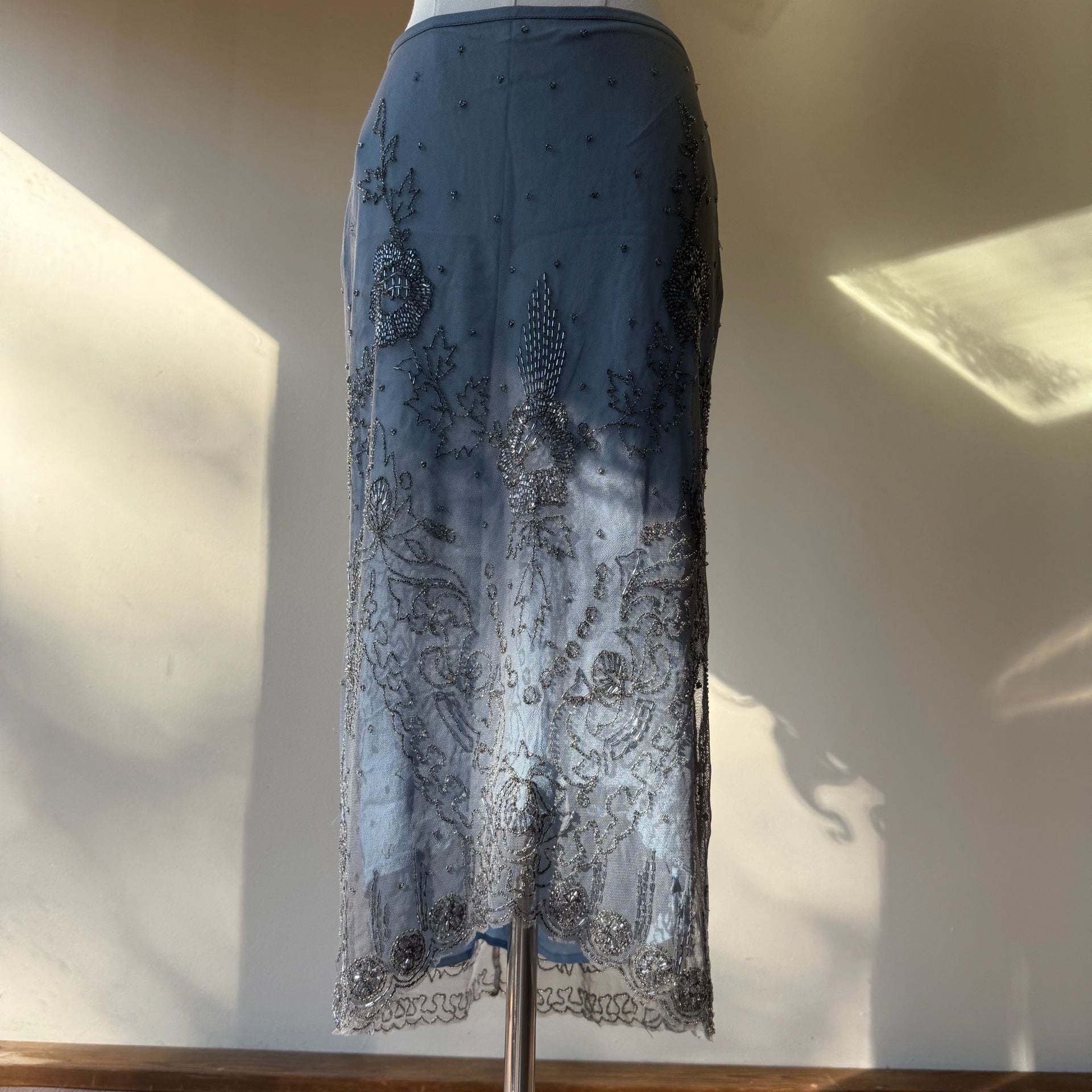Beaded Embellished Light Blue and Silver Mesh Skirt 12