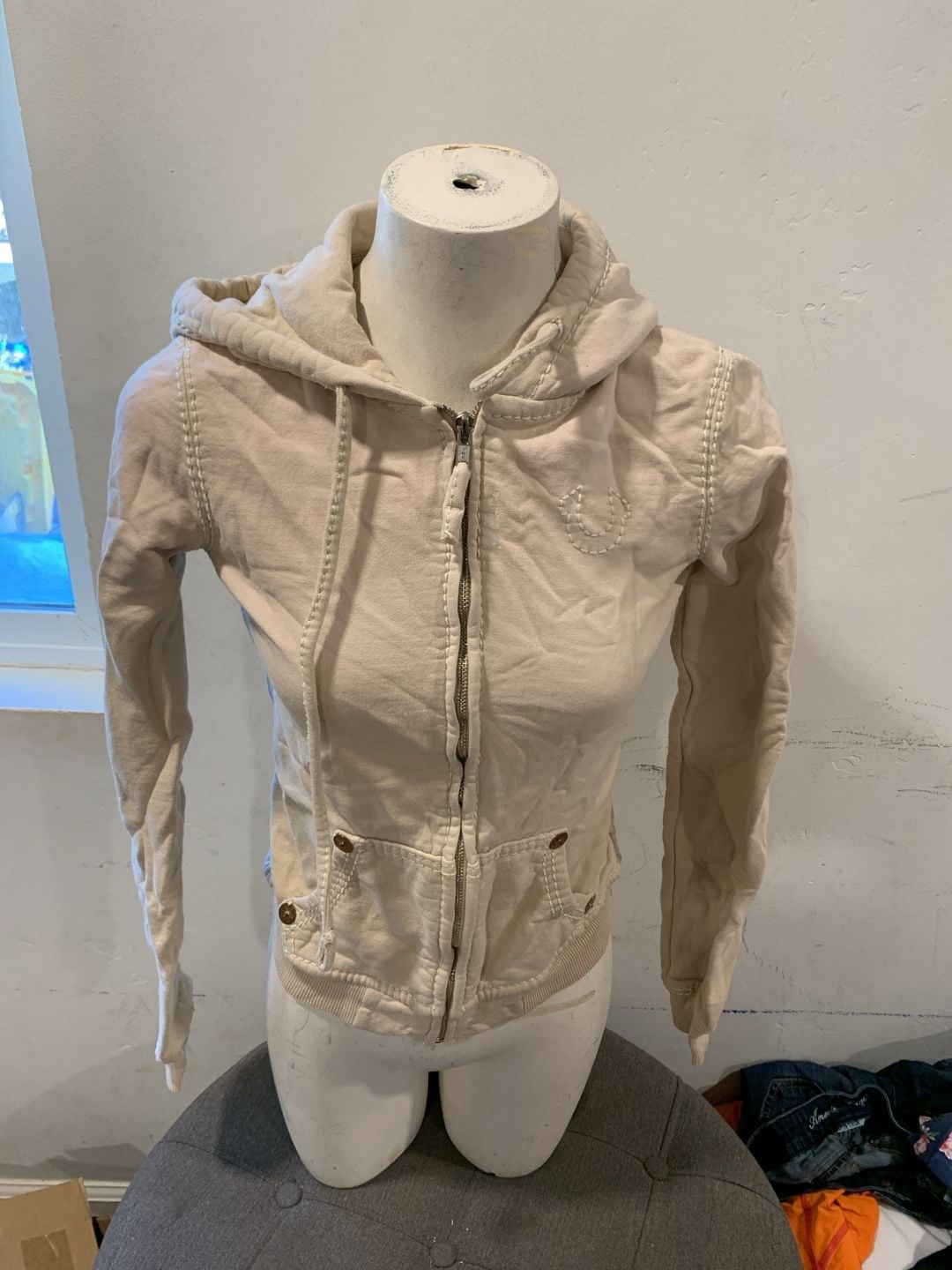 Y2k True Religion Zip Up Hoodie Cream Beige Heavy Stitch 2