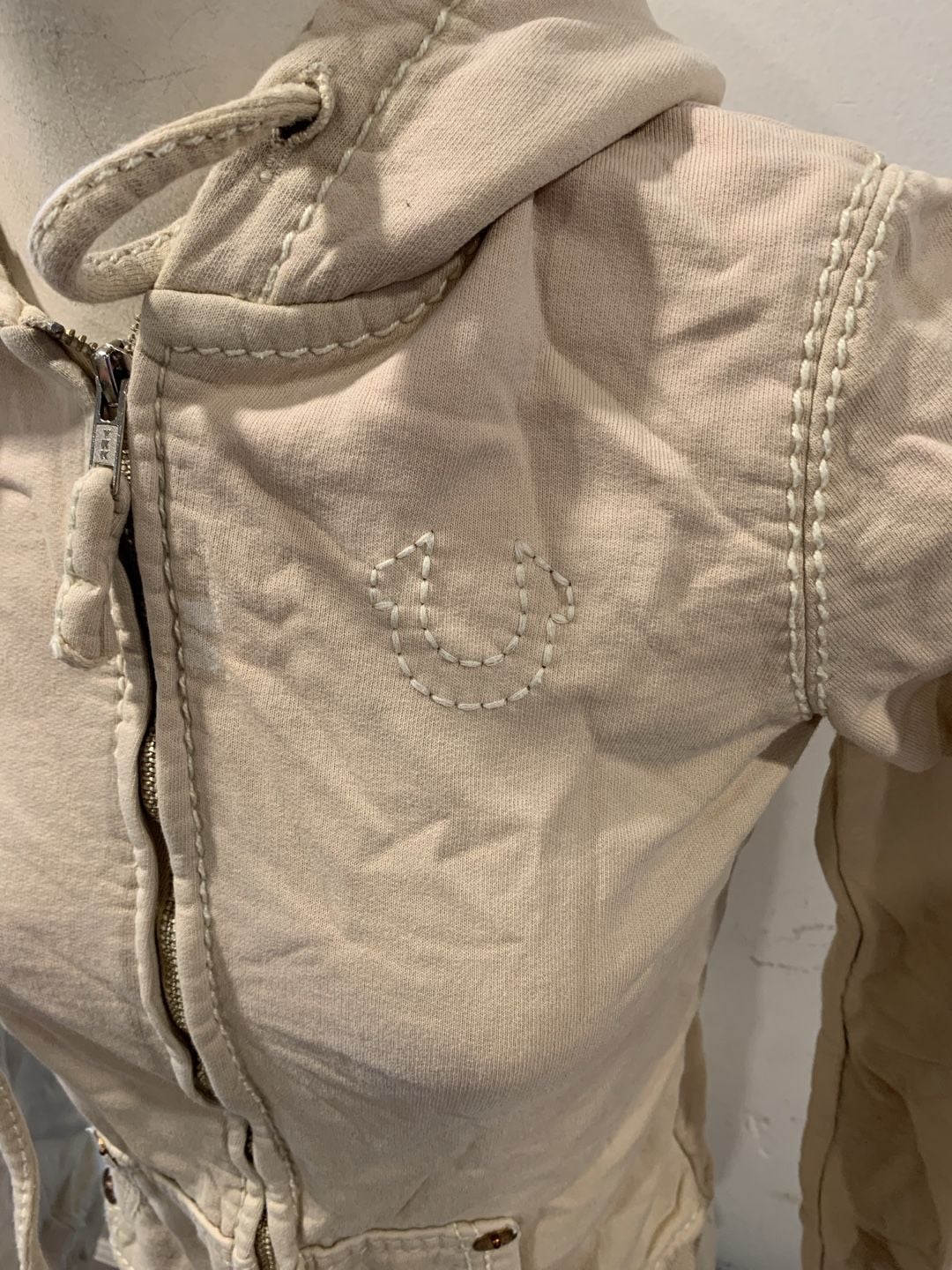 Y2k True Religion Zip Up Hoodie Cream Beige Heavy Stitch 3