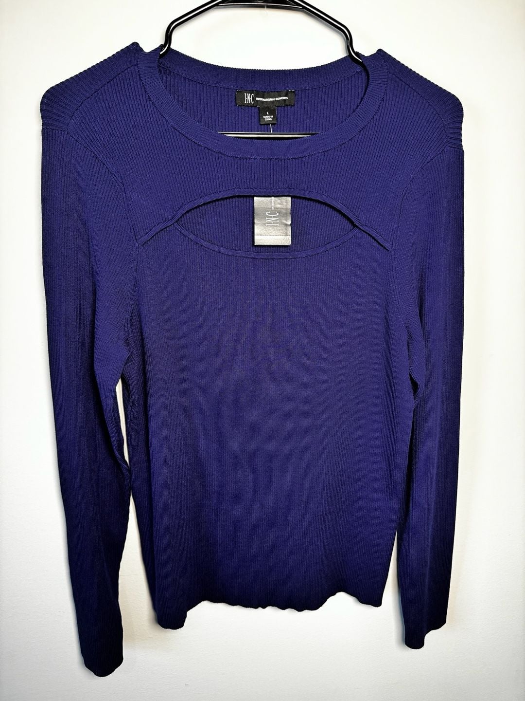 INC International Concepts Sweater Size L Blue Cutout Ribbed Long Sleeve 7