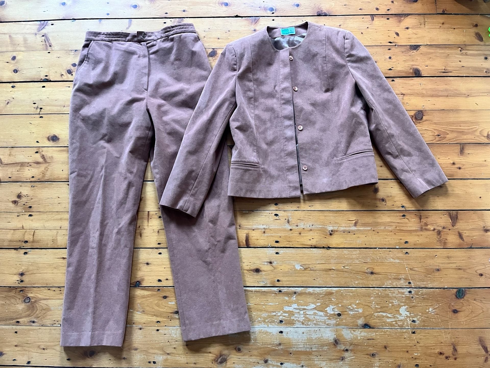 Samuel Robert Ultrasuede Pant Suit Set Size 10 Camel Brown Vintage 70s Old Money 1
