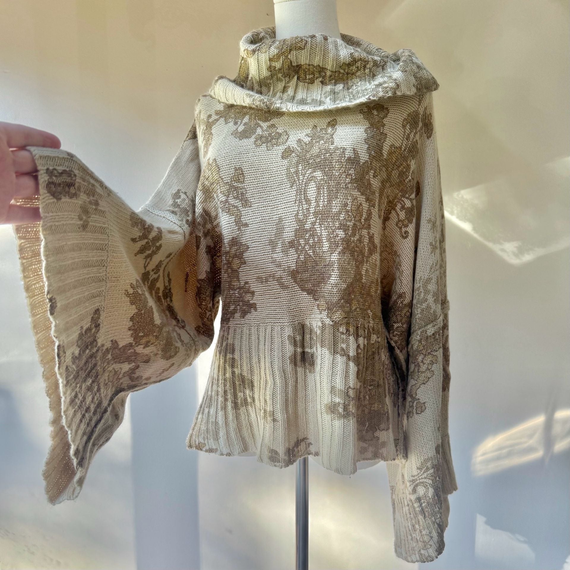 Cowl Neck Bell Sleeve Sweater Beige Gold 2