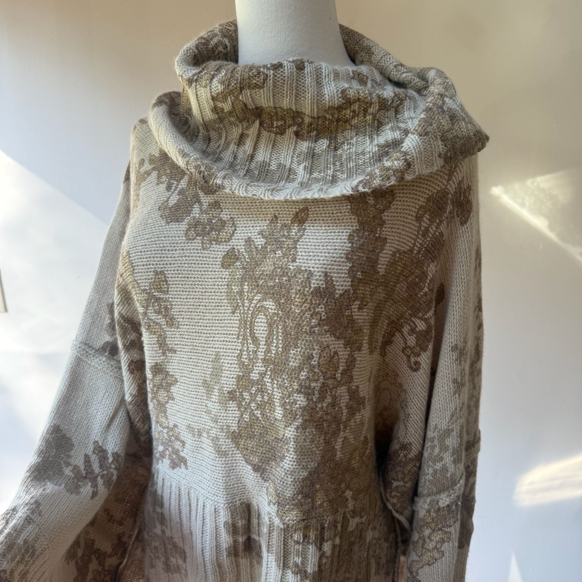 Cowl Neck Bell Sleeve Sweater Beige Gold 4