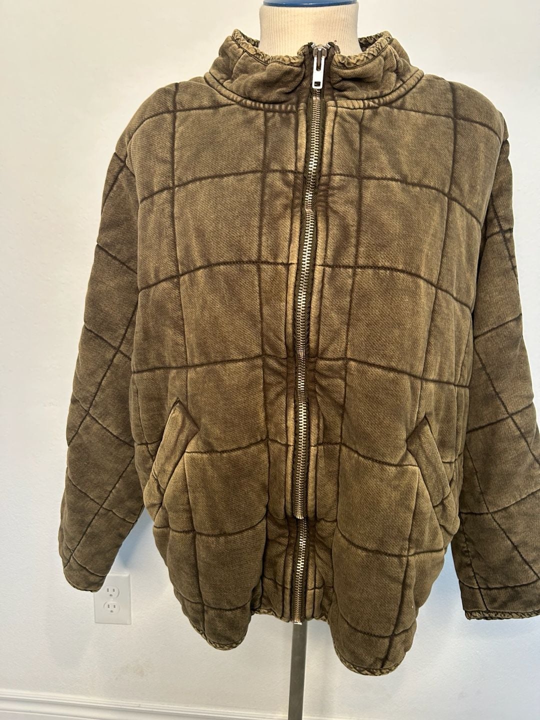 Free People Quilted Zip Jacket XL Olive Green Distressed 2