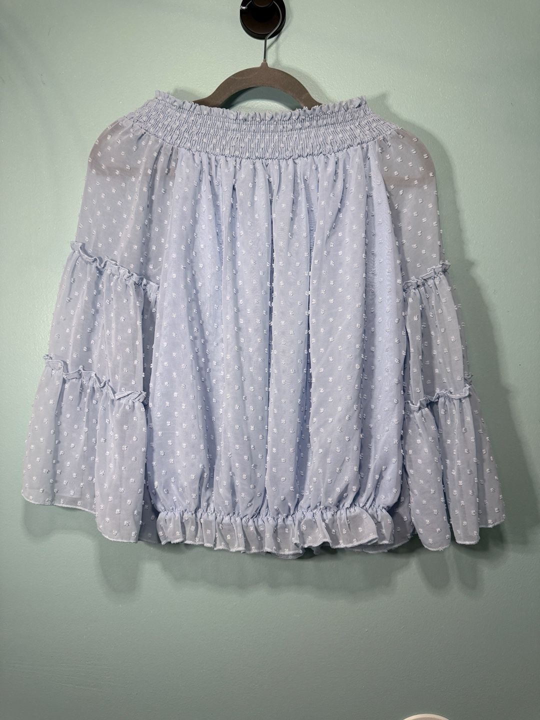 Kirundo Chiffon Blouse Light Blue Swiss Dot Off The Shoulder Bell Sleeve 2
