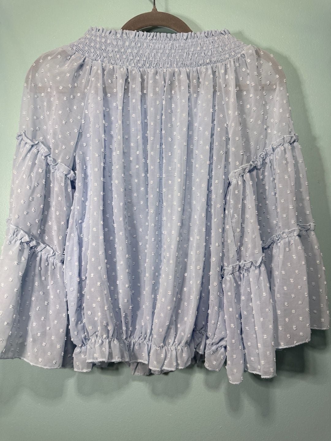 Kirundo Chiffon Blouse Light Blue Swiss Dot Off The Shoulder Bell Sleeve 3