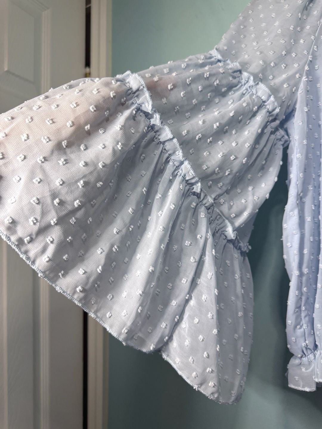 Kirundo Chiffon Blouse Light Blue Swiss Dot Off The Shoulder Bell Sleeve 5