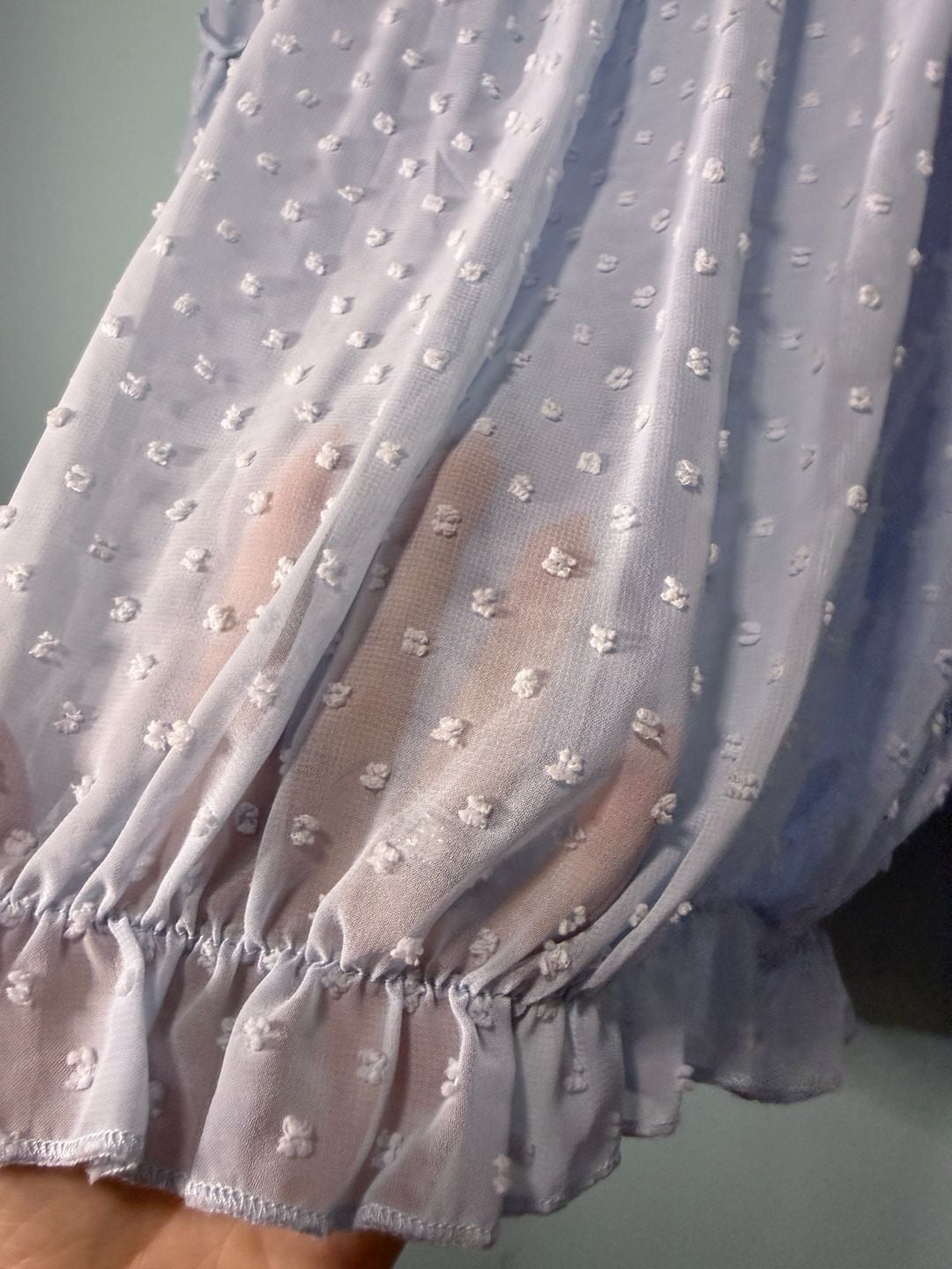 Kirundo Chiffon Blouse Light Blue Swiss Dot Off The Shoulder Bell Sleeve 6