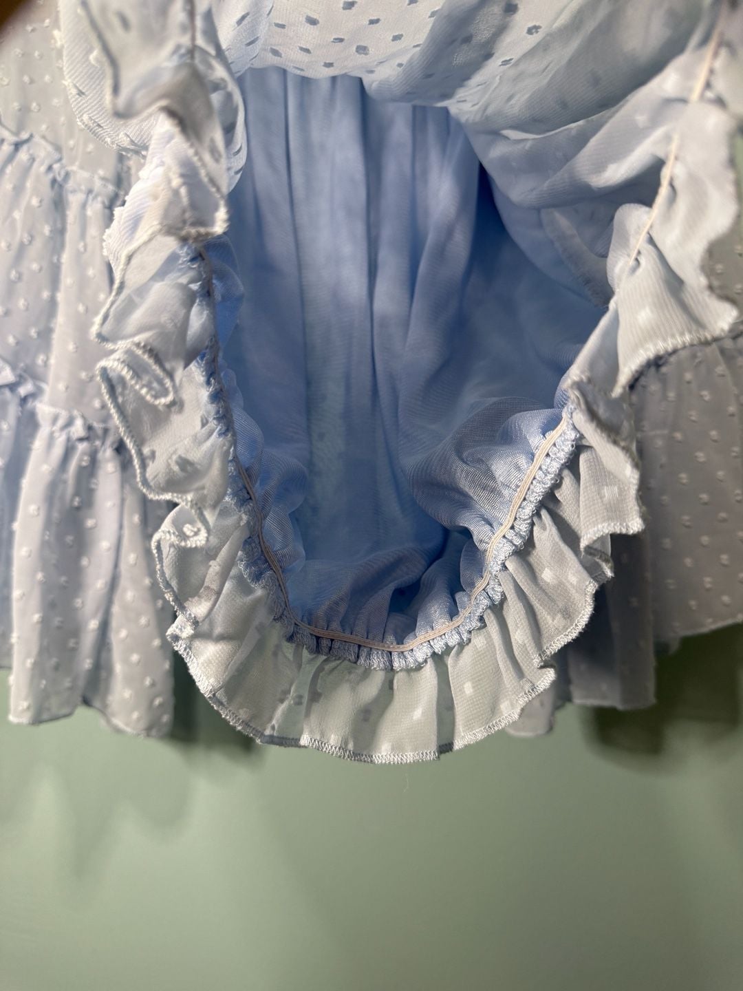 Kirundo Chiffon Blouse Light Blue Swiss Dot Off The Shoulder Bell Sleeve 7