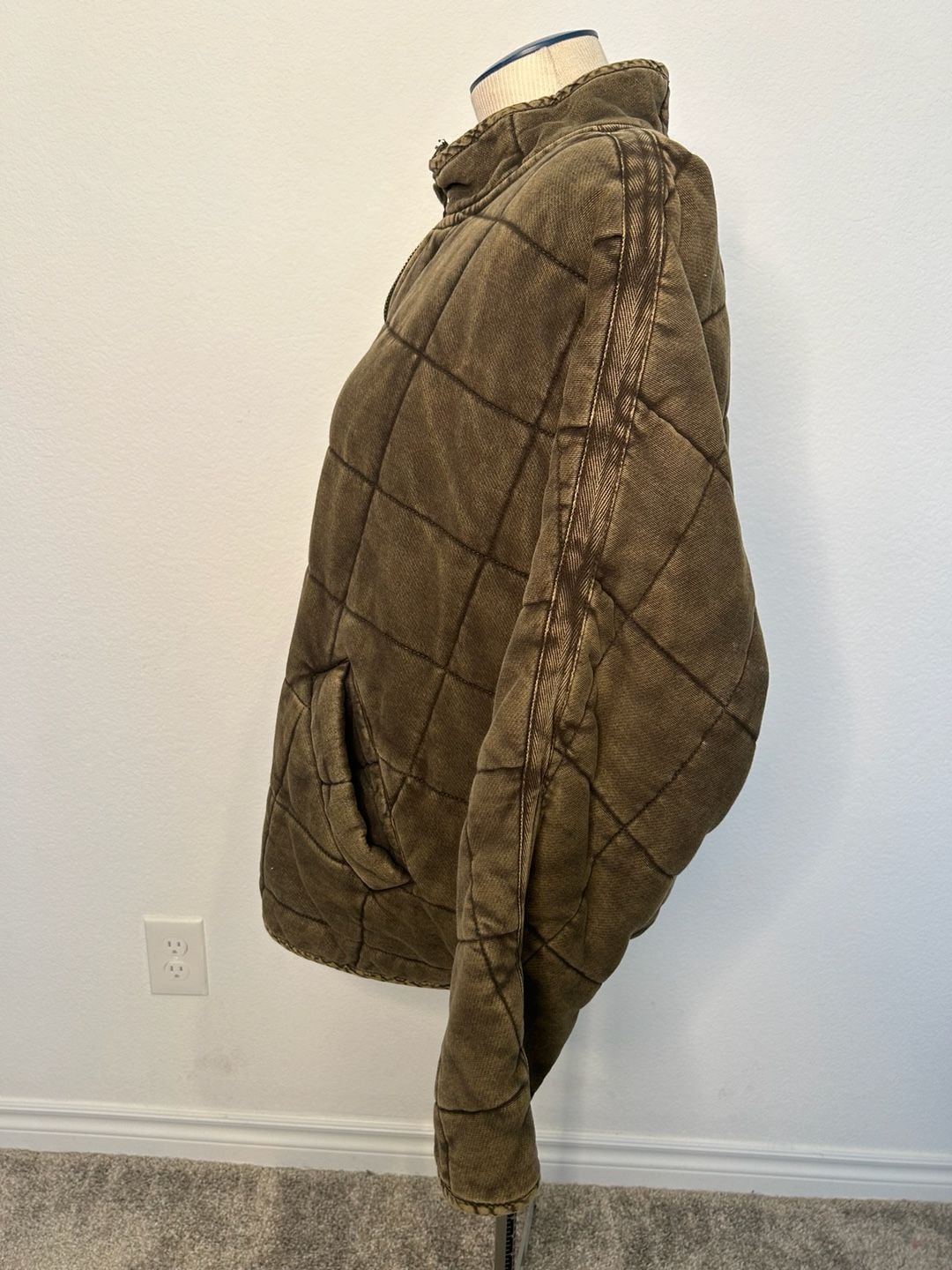 Free People Quilted Zip Jacket XL Olive Green Distressed 3