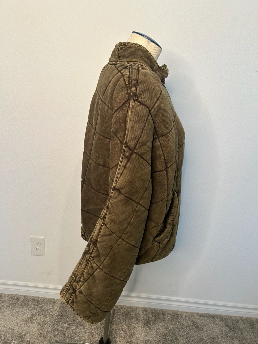 Free People Quilted Zip Jacket XL Olive Green Distressed 5