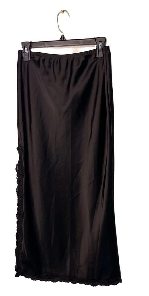 Dark Romantic Thick Satin Lace Trim Midi Slip Skirt Black Sz. S High Coquette 4
