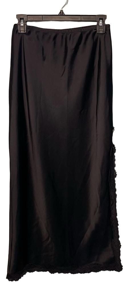 Dark Romantic Thick Satin Lace Trim Midi Slip Skirt Black Sz. S High Coquette 3
