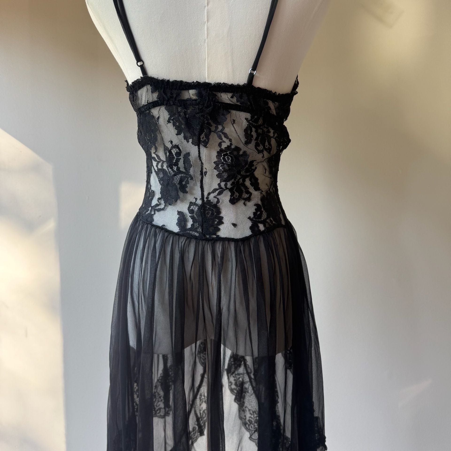 Vintage Black Lace Babydoll Lingerie Dress Nylon 7