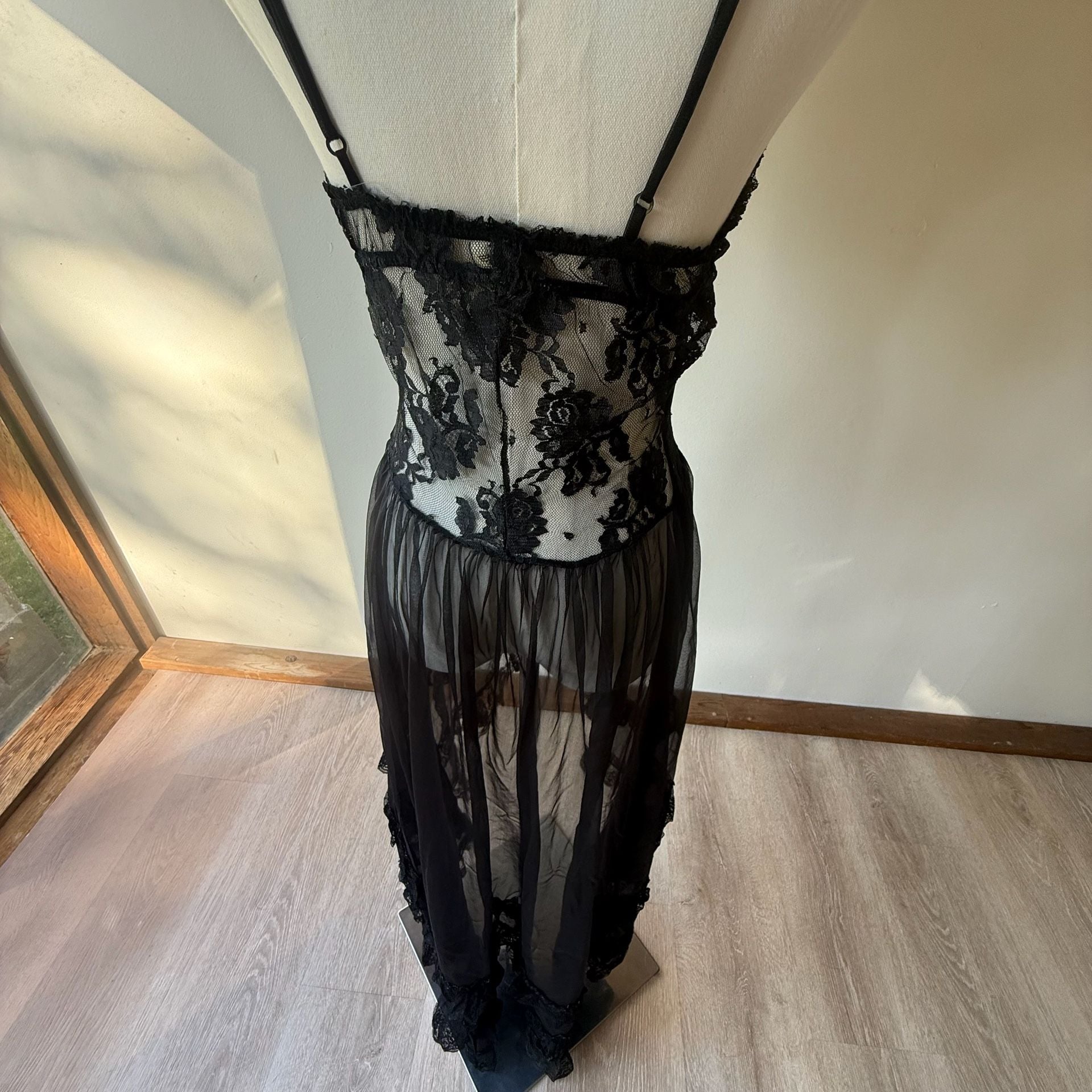 Vintage Black Lace Babydoll Lingerie Dress Nylon 9