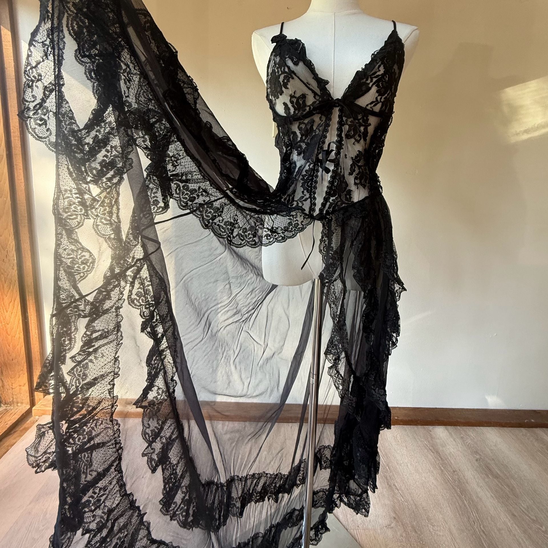 Vintage Black Lace Babydoll Lingerie Dress Nylon 12
